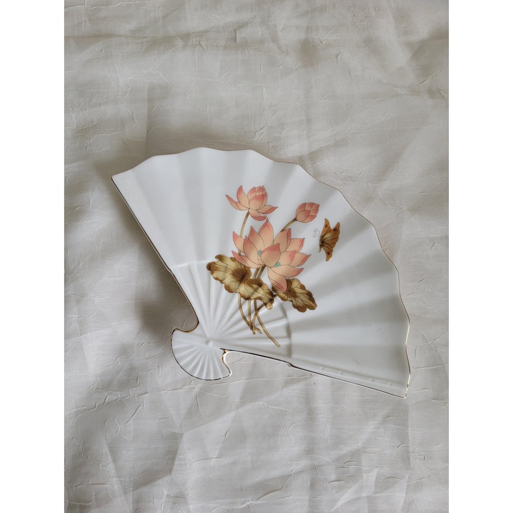 Vintage Japanese Fan Trinket Dish: Lotus Flower, Butterfly, Gold Trim